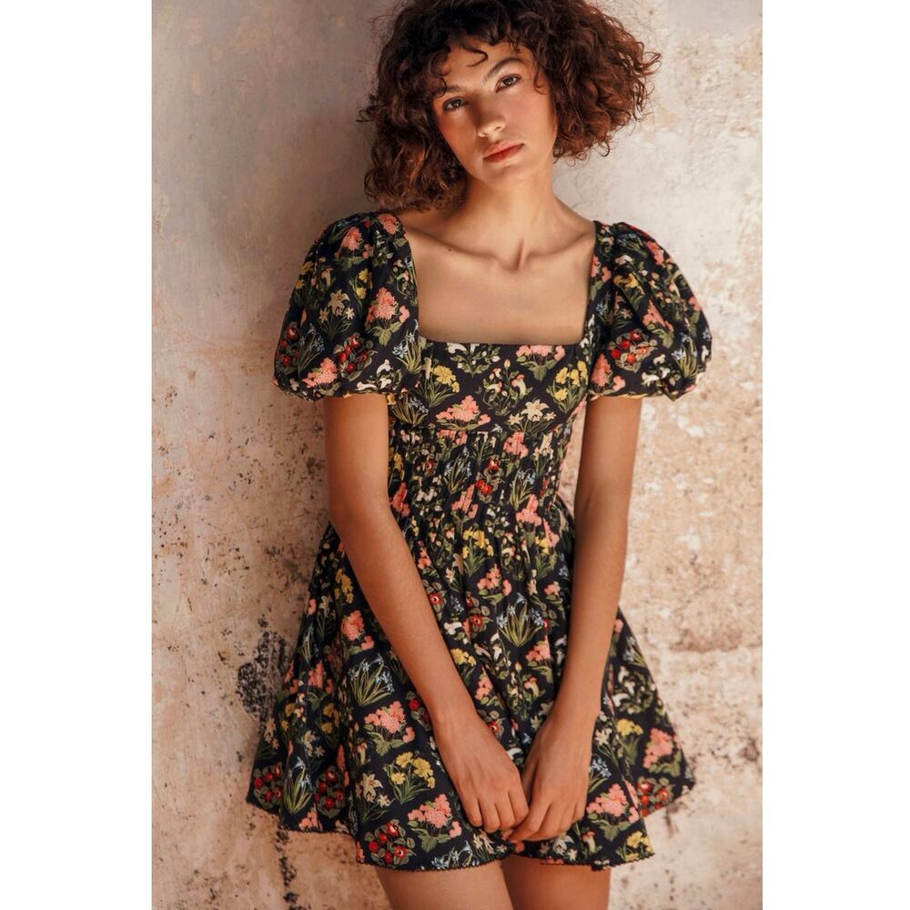 Agua by Agua Bendita Caramelo Puff Sleeve Mini Dress Black Floral Large